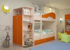 Кровать Мая двухъярусная с ящиками и шкафом Млечный дуб/Оранжевый в Дудинке - dudinka.katalogmebeli.com | фото