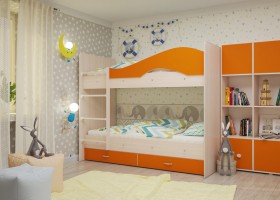 Кровать Мая двухъярусная с ящикамиМлечный дуб/Оранжевый в Дудинке - dudinka.katalogmebeli.com | фото 1