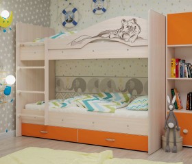 Кровать Мая-Сафари двухъярусная с ящикамиМлечный дуб/Оранжевый в Дудинке - dudinka.katalogmebeli.com | фото